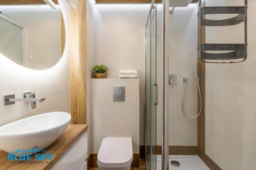 W łazience znajduje się umywalka i prysznic. w obiekcie Apartamenty BlueSky - Nad Łomnicą15 - Centrum, blisko deptaka w mieście Karpacz