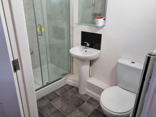 een badkamer met een douche, een toilet en een wastafel bij 2 The Green, exceptional large house, sea views loads of bathrooms in Seaton Carew
