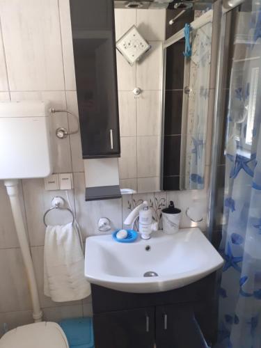 a bathroom with a sink and a toilet and a mirror at Mega Apartment in Subotica