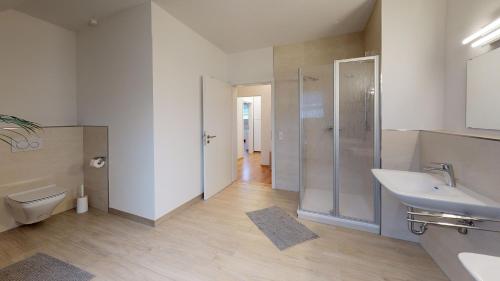 een badkamer met een toilet, een wastafel en een douche bij Alte Schule Spittelstein 1OG rechts in Rödental