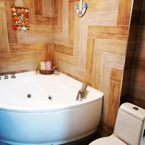 a bathroom with a toilet and a bath tub at Marina Jacuzzi Apartment free parking in Novi Sad