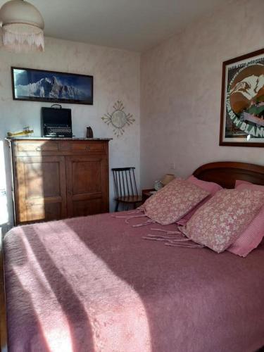 - une chambre avec un lit rose et 2 oreillers dans l'établissement Bas de villa, 2 terrasses, piscine, SPA, sauna..., à Neffes