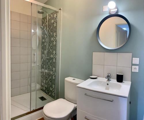 uma casa de banho com um WC, um lavatório e um espelho. em LE DUMON 2 - T2 avec GARAGE - TERRASSE - WiFi - Gare à 200m em Agen