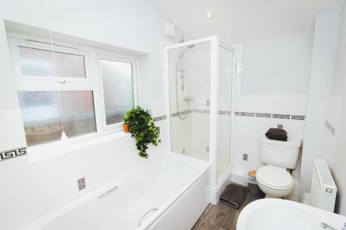 a white bathroom with a shower and a toilet at Newly Refurbished House - 10 Minute Walk From City Centre in Norwich