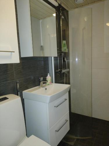 a bathroom with a white sink and a shower at Cityflat Saimaa in Lappeenranta