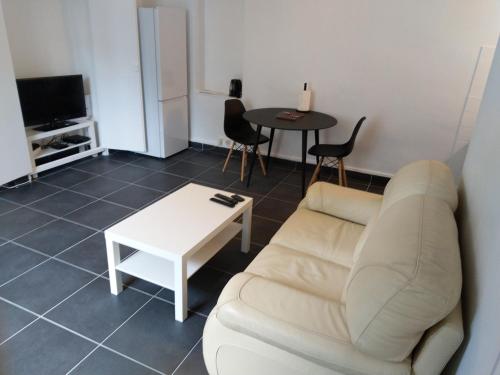 ein Wohnzimmer mit einem Sofa und einem Tisch in der Unterkunft O'Couvent - Appartement 44 m2 - 1 chambre - rdc ext in Salins-les-Bains