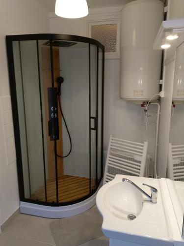 ein Bad mit einer Dusche, einem Waschbecken und einem WC in der Unterkunft O'Couvent - Appartement 44 m2 - 1 chambre - rdc ext in Salins-les-Bains