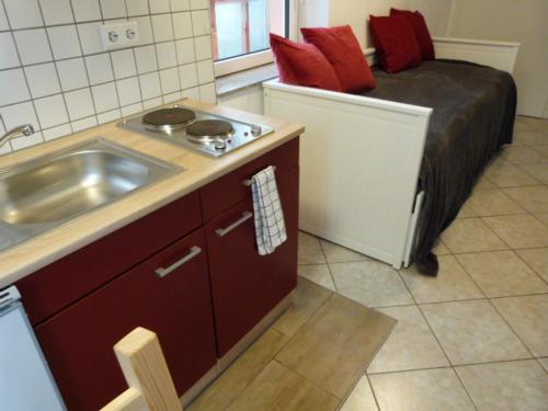 uma pequena cozinha com uma cama e um lavatório em ATELIER IM STADTGARTEN 2 direkt in Rottweil em Rottweil