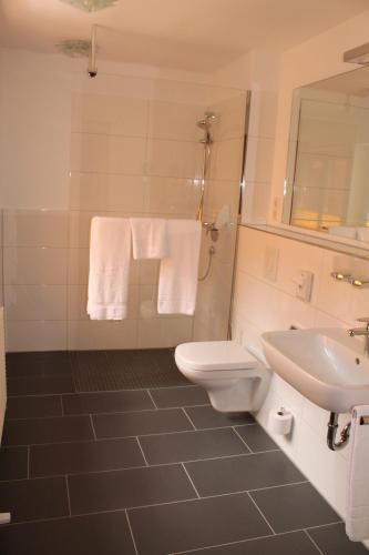 a bathroom with a toilet and a sink and a shower at Hotel Fürsteneck in Bernburg