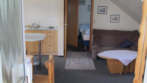 Hotel AlleeSchlößchen في باد فيلدونجين: غرفة معيشة مع أريكة ومطبخ