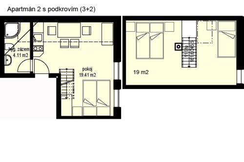 a floor plan of a bedroom apartment at Apartmány Udatný in Rokytnice nad Jizerou