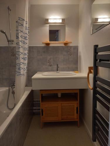 La salle de bains est pourvue d'un lavabo et d'une douche. dans l'établissement Studio 4 personnes centre Superbesse, à Super-Besse