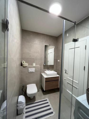 ein Bad mit einem WC, einem Waschbecken und einer Dusche in der Unterkunft Central Luxury Apartment in Pristina