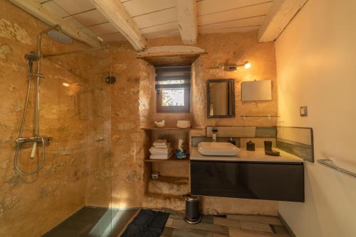 y baño con lavabo y ducha. en L'Oree du ciel, en Cordes-sur-Ciel