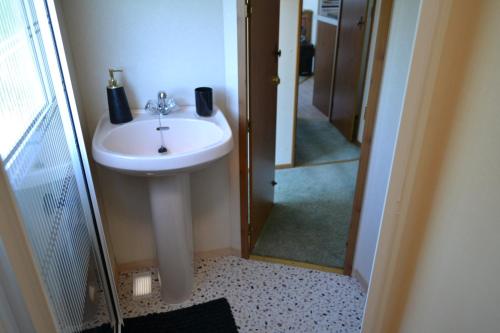 a small bathroom with a sink and a mirror at Swallows Return in Clynderwen