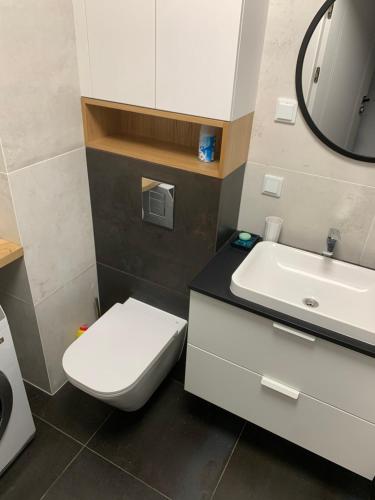a bathroom with a white toilet and a sink at Tri-City Central in Gdańsk