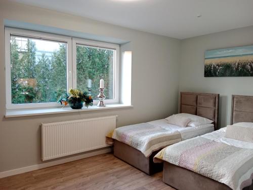 two beds in a bedroom with a window at Apartamenty Radom Klwatecka 20 in Radom
