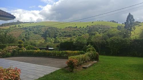 a garden with a view of a hill at Casina verde manzana in Villaviciosa