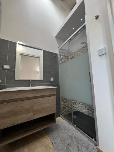 a bathroom with a sink and a glass shower at L’ANGELO BIANCO 2 in Pula