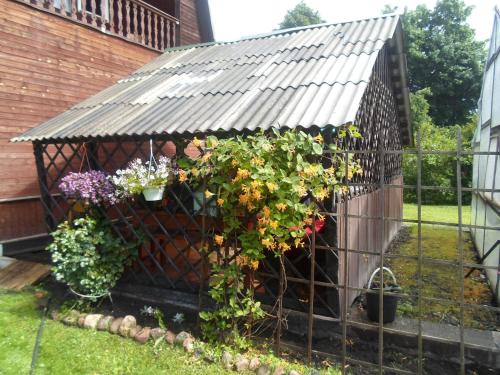 a garden gazebo with flowers in it at Viesu Māja Arnicāni in Ragaciems