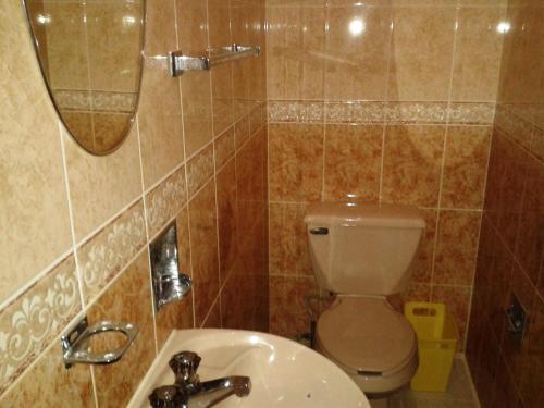 a bathroom with a toilet and a sink and a mirror at Hotel San Andres in Xalapa