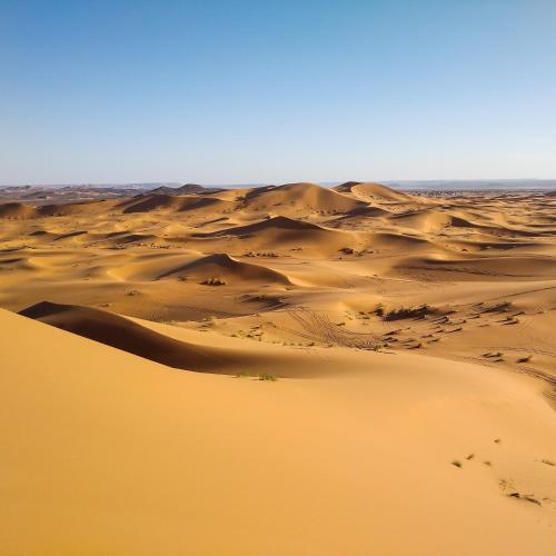 a desert with sand dunes in the distance at Hôtel Camping La Liberté in Merzouga