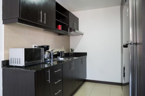a kitchen with black cabinets and a microwave at Olympus Apartments in Quito