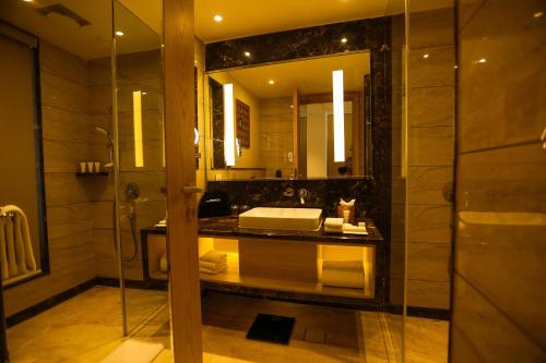 a bathroom with a shower and a sink and a mirror at Radisson Bhopal in Bhopal