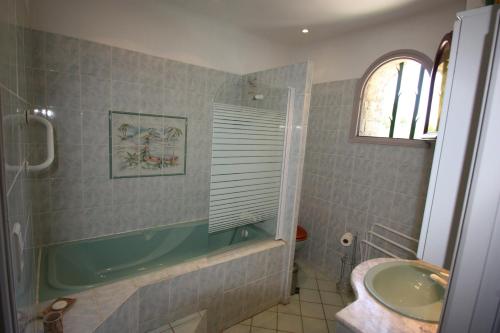 baño con bañera verde y lavamanos en Lou Cigalon, en Cabrières-dʼAvignon