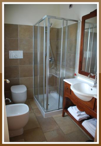 a bathroom with a shower and a toilet and a sink at Agriturismo Casacchella in San Nico
