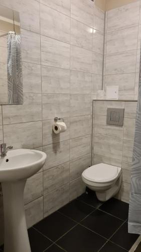 a bathroom with a toilet and a sink at Hotel Olimpik Park in Słubice