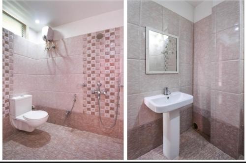 コルカタにあるHoliday Rental Roomsのバスルーム(トイレ、洗面台付)の写真2枚