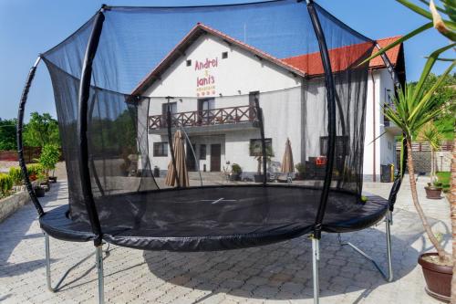 a trampoline in front of a building at Agropensiunea Andrei & Ianis in Dăeşti
