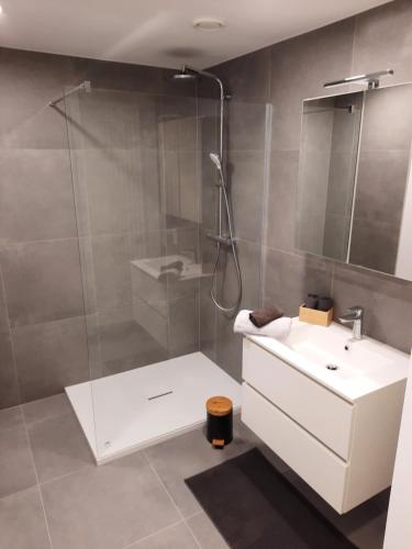 Un baño con lavabo blanco y ducha. en Duplex appartement 4-6 pers La Traction Avant, en Ostende