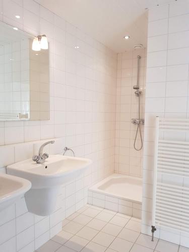 a white bathroom with a sink and a shower at Vakantiewoning Osebos in Gulpen