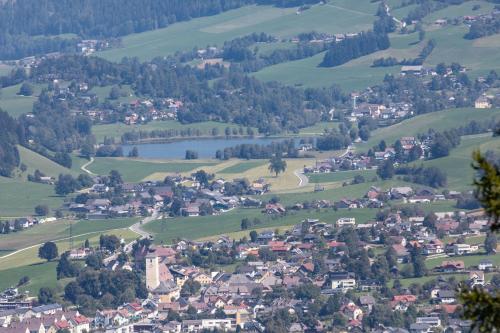 a small town in the hills with a lake at Buchmann Lehen in Irdning