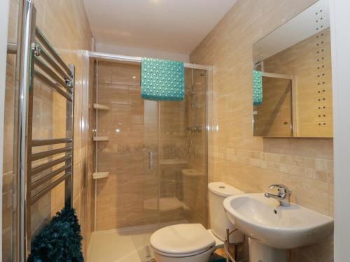 een badkamer met een douche, een toilet en een wastafel bij Manor Heath Apartment 3 in Scarborough