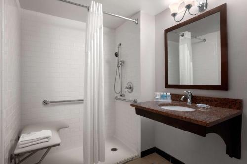 a bathroom with a shower and a sink and a mirror at Wyndham Philadelphia-Historic District in Philadelphia