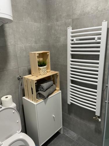 uma casa de banho com WC e uma planta num armário em Apartmani Sombor em Sombor