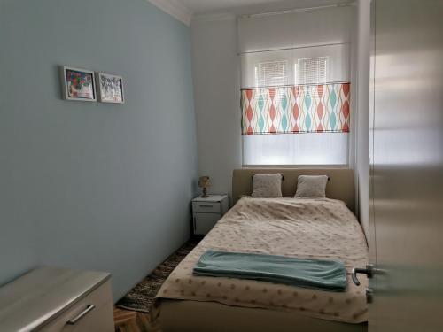 a small bedroom with a bed and a window at Apartman LUI in Rijeka