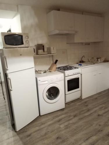une cuisine avec une cuisinière et une machine à laver dans l'établissement Studio meublé Viane, à Viane