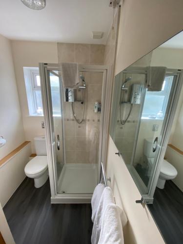 uma casa de banho com um chuveiro e um WC. em Four Seasons Guest House em Canterbury