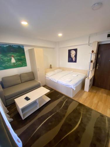 a small room with a bed and a couch at Chic MiniSuite Mirage Sinaia in Sinaia