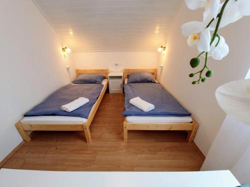two twin beds in a small room withthritisthritisthritisthritisthritisthritisthritisthritis at Varga Gardens Balatonmáriafürdő in Balatonmáriafürdő