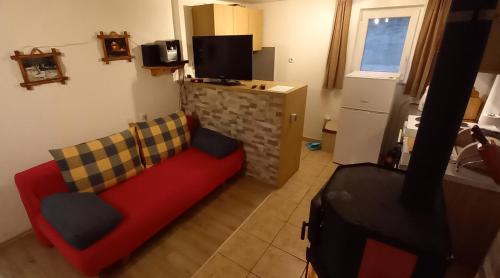 a living room with a red couch and a tv at Vikendica Jela Blidinje in Rudo Polje