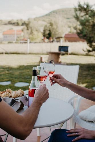 two people holding glasses of wine sitting at a table at Málna Major in Mályinka
