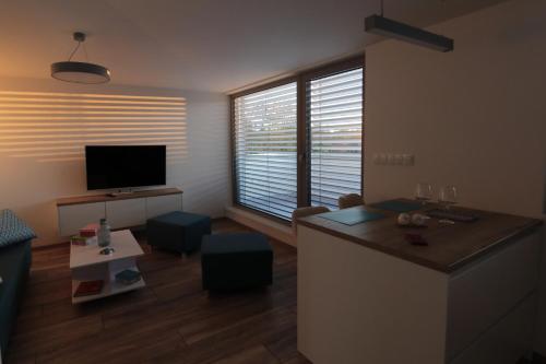 a living room with a kitchen and a television at Střešní apartmán s terasou in Hradec Králové