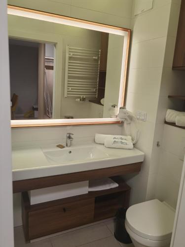 a bathroom with a sink and a mirror and a toilet at Meduza w Bel Mare in Międzyzdroje
