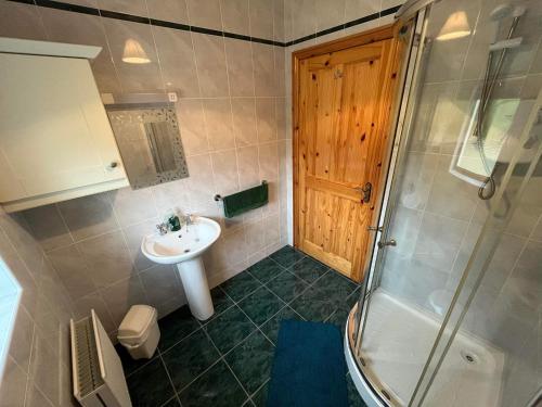 a small bathroom with a sink and a shower at Burnmon Cottage in Belcoo