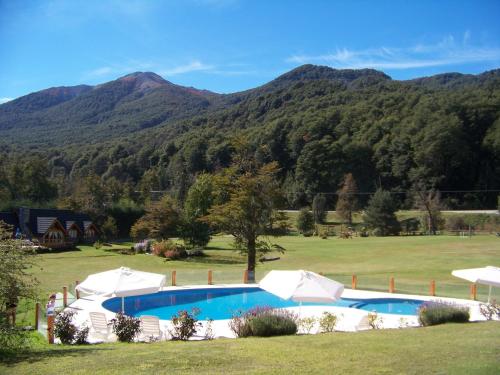 uma piscina num campo com montanhas ao fundo em La Estancia Cabañas em Villa La Angostura